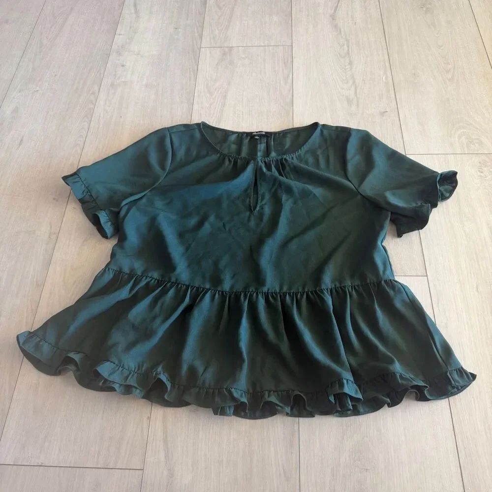 Madewell Green Smoky Spruce Stanza Romantic Academia Ruffle Hem Blouse Size L
